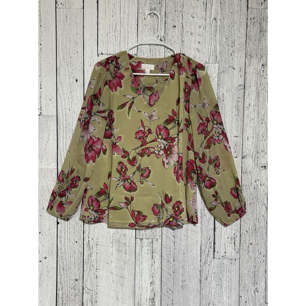 Belle Kim Gravel Women's Chiffon Overlay Blouson Loss on Blouse Sage Size S NWT
